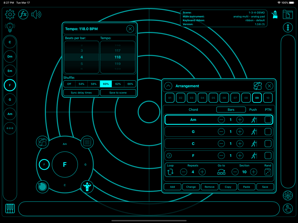 Touchscaper music app interface showing chord arrangement and tempo controls on a radar style background