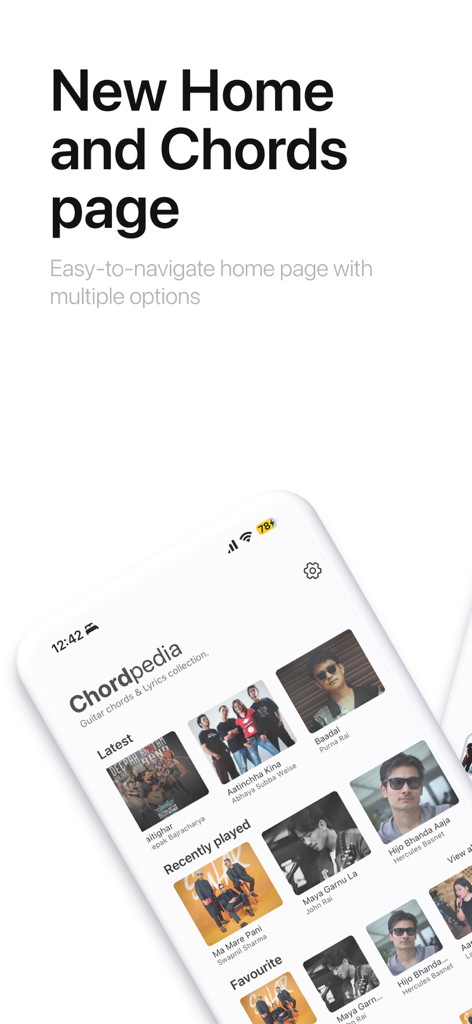 ChordPedia: Guitar Chords - ChordPedia app interface showing the home page with latest and recently played songs