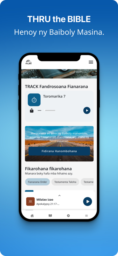 TTB Malagasy Fianarana Baiboly - TTB Malagasy Bible study app dashboard featuring progress tracking and audio teaching modules