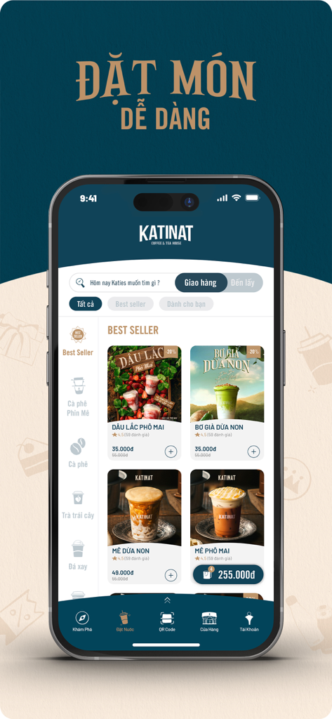 KATINAT Mobile App-Bildschirm, der die meistverkauften Kaffee- und Teegetränke mit einfachen Bestelloptionen anzeigt