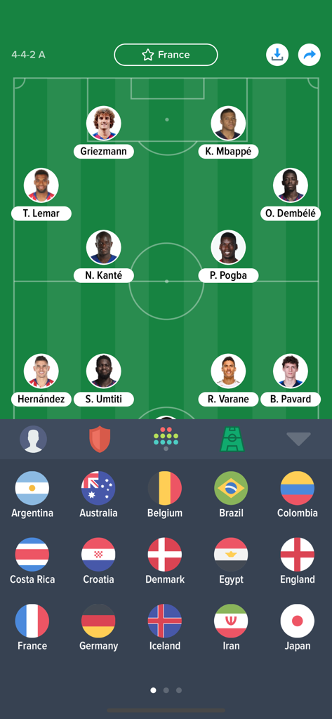 Tactics - Football Team Lineup - Interface de l'application Tactics montrant une composition 4-4-2 de l'équipe de France et des drapeaux de sélection de pays