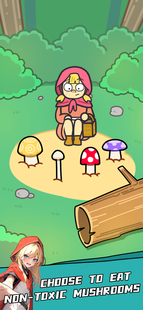 A casual brain teaser level in Brain Baits where the player must identify non-toxic mushrooms for a character in a forest.