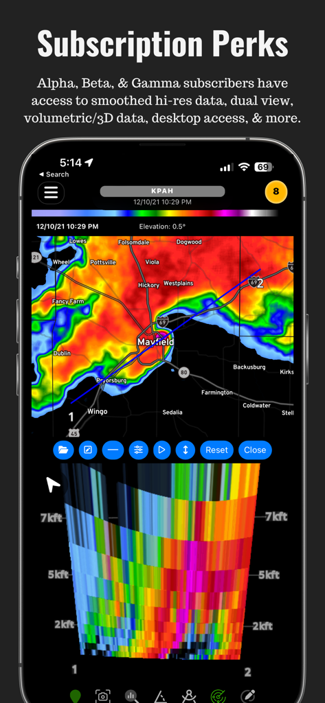 RadarOmega - RadarOmega mobile app showing high-resolution volumetric 3D radar data and subscription features