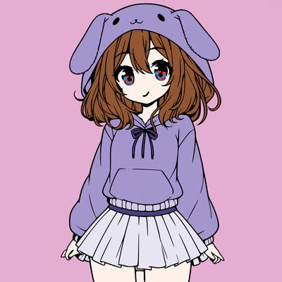 pretty anime girl wearing a fluffy hoodie with bunny ears on the hood and a skirt