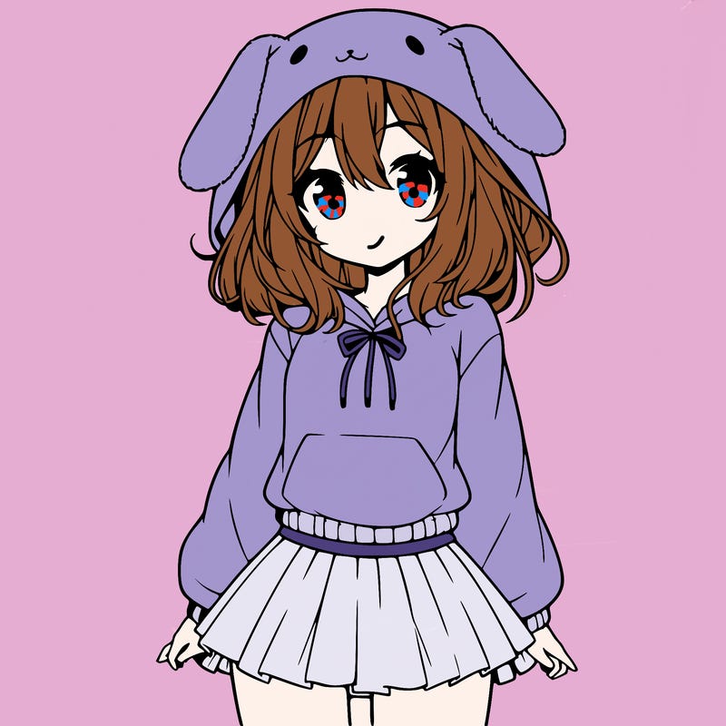 pretty anime girl wearing a fluffy hoodie with bunny ears on the hood and a skirt