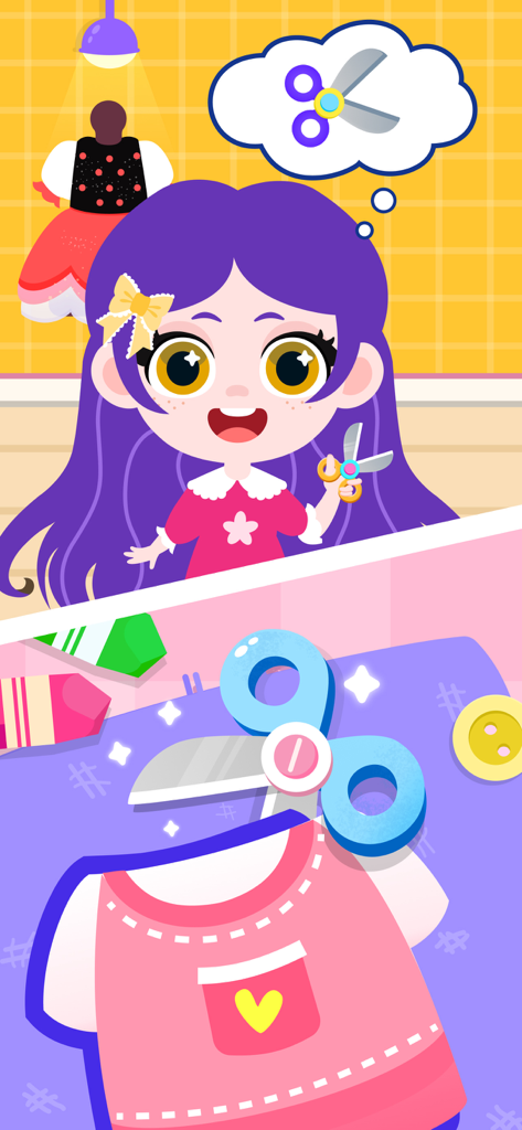 Beauty Salon Games for Girls - Ein junger Mädchen-Charakter schneidet Stoff, um ein Kleid herzustellen