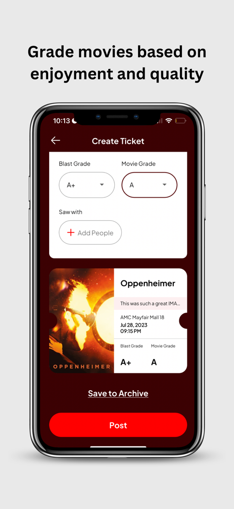 Blast Movie App - Interface de l'application Blast Movie montrant l'écran de création de billet avec des sélections de notes Blast et Film pour le film Oppenheimer.