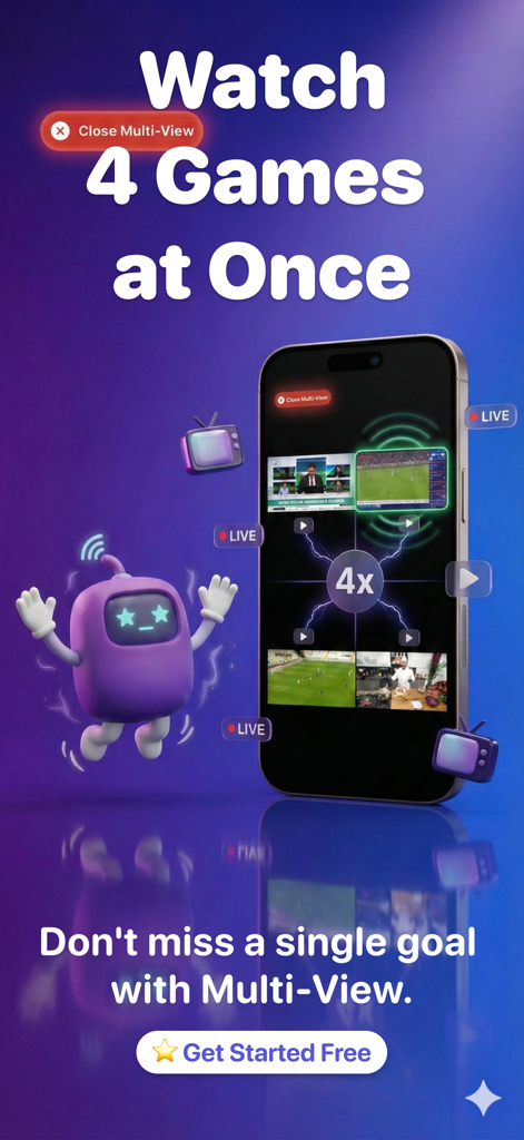 Stream Master: IPTV M3U Player - Stream Master IPTV-App zeigt die Multi-View-Funktion mit vier gleichzeitigen Sport-Streams auf einem iPhone