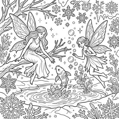 Discover the magic of winter with this beautiful coloring page featuring graceful water fairies interacting with a lively fish in a frosty pond. This enchanting scene, adorned with intricate snowflakes and icy details, promises hours of serene and creative coloring fun.