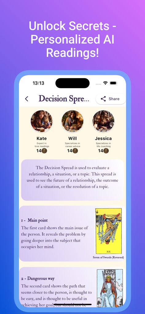 Pantalla de la aplicación Virtual Tarot que muestra lecturas personalizadas de IA y una interpretación de tirada de decisión.