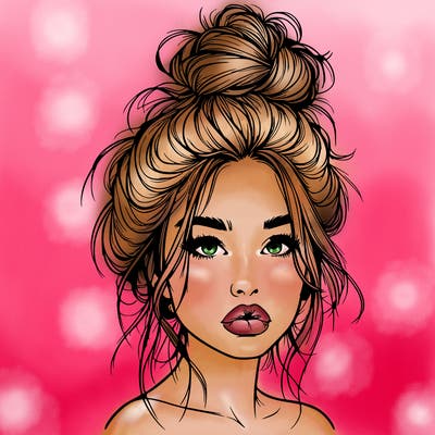 realistic girl with a messy bun and she has lips