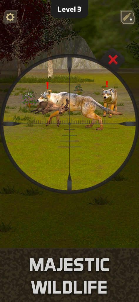 Sniper scope view aiming at a wolf in the wilderness