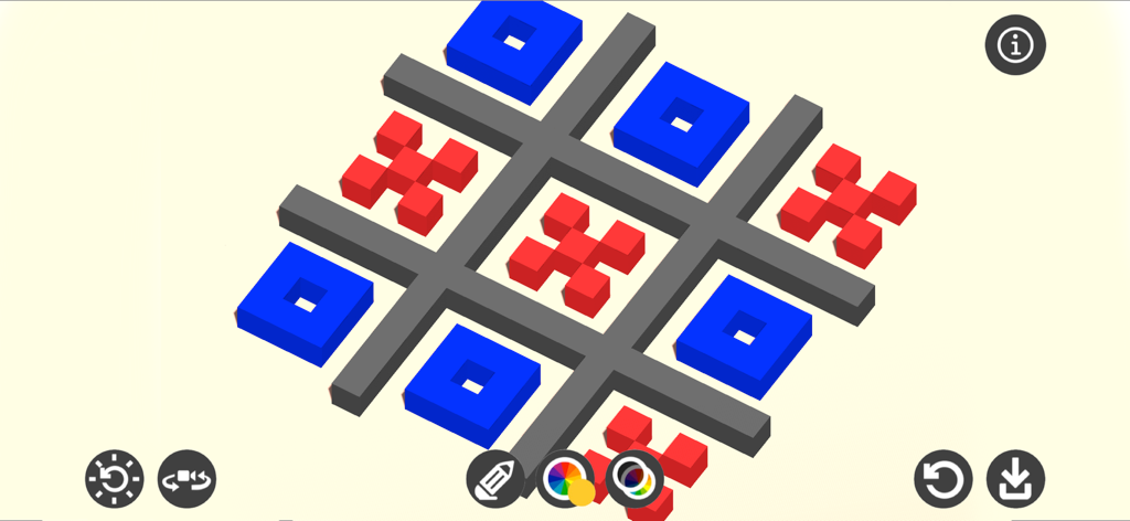 Pixel Draw 3D - Eine 3D-Pixelkunst-Zeichnung eines Tic-Tac-Toe-Bretts mit roten Kreuzen und blauen Kreisen in Pixel Draw 3D.