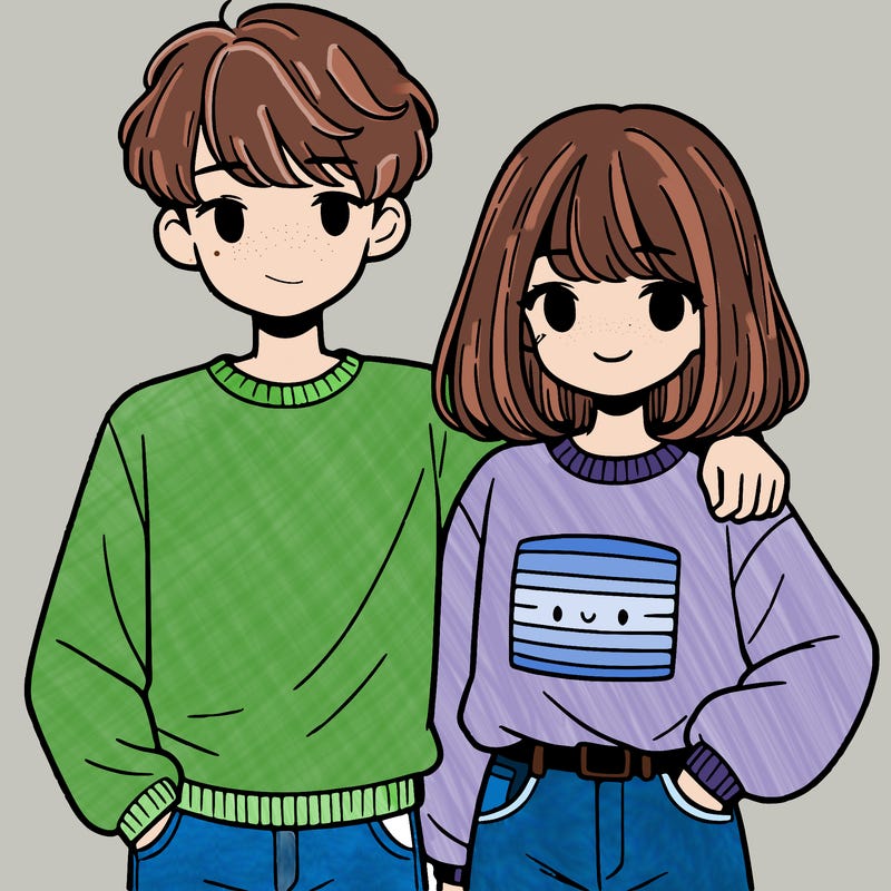boy with short fluffy hair wearing a sweatshirt putting his arm around a girl with shoulder length straight hair wearing a sweater tucked into jeans