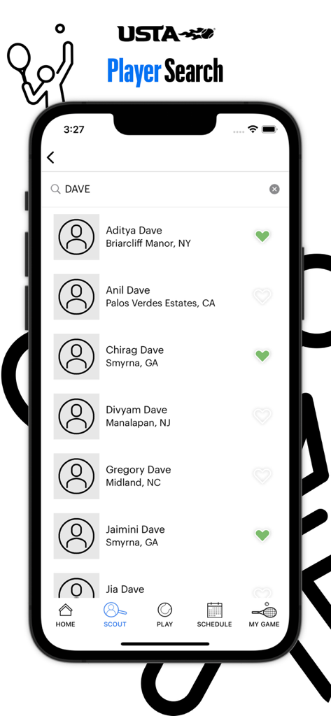 USTA Tennis - USTA Tennis app player search screen showing a list of competitive players for scouting local tennis communities