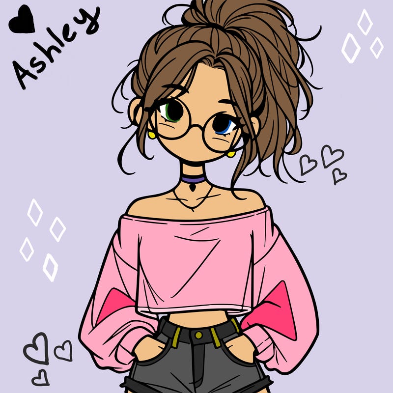 girl with a messy ponytail glasses a baggy crop top and jean shorts