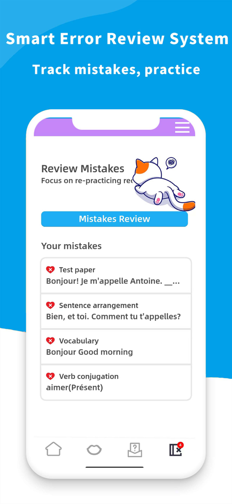 Learn French- For Beginners - Captura de pantalla de la aplicación Aprender francés que muestra el Sistema Inteligente de Revisión de Errores para rastrear y practicar fallos