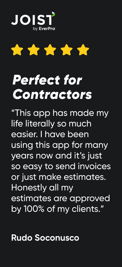 Joist: Estimate Invoice Maker - Customer testimonial from Rudo Soconusco for the Joist app highlighting ease of sending invoices and estimates for contractors.