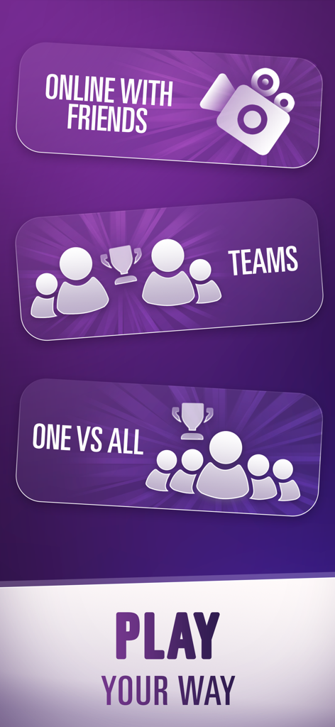 A menu screen of the Taboo app showing game modes like Online with Friends, Teams, and One vs All.