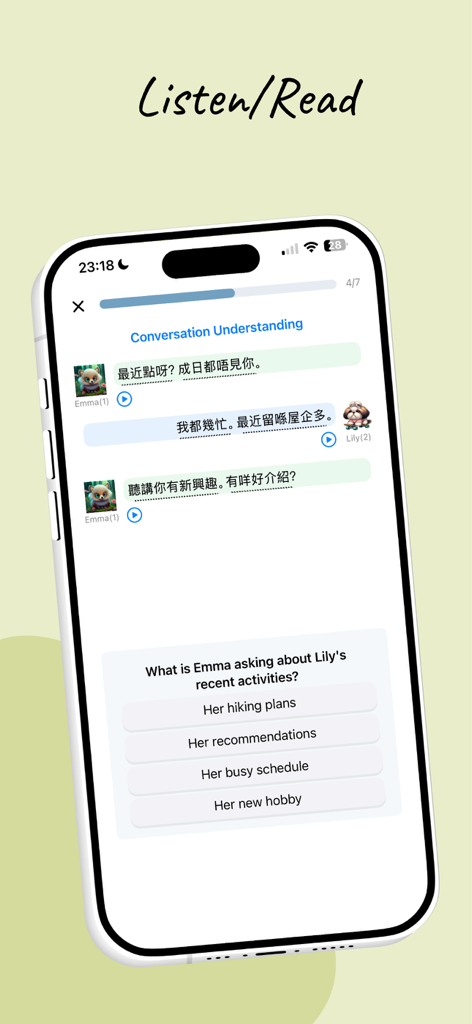 TalkHere - Language Learning - Mobile app interface showing a conversation understanding exercise with multiple choice answers in the TalkHere language learning app