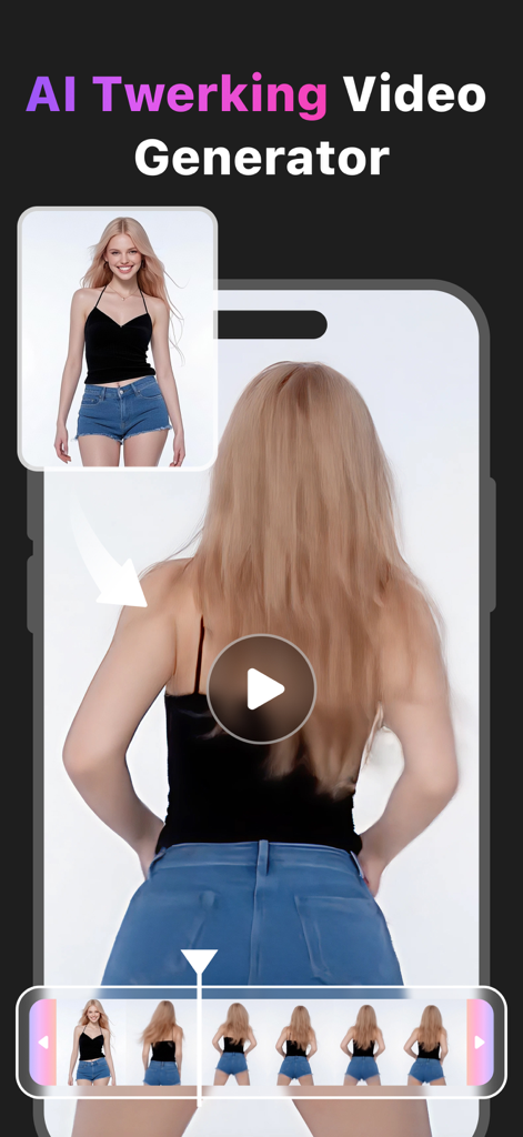 Interface of the AI Twerk Video Wondersnap app showing a photo transformed into an AI generated dance video