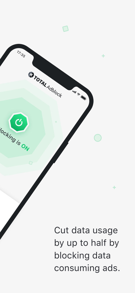 Total Adblock - Ad Blocker - Interface de l'application Total Adblock sur un iPhone montrant que le blocage des publicités est activé pour réduire l'utilisation des données
