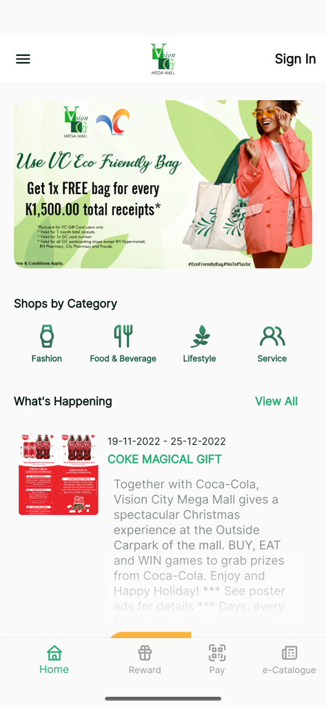 VCGC - Home screen of the Vision City Mega Mall app displaying shopping categories and current promotions