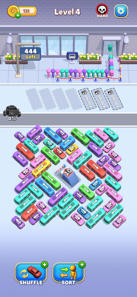 Un nivel desafiante en Bus Mania Car Parking Jam con una cuadrícula de autobuses coloridos y una cola de pasajeros esperando a bordo.