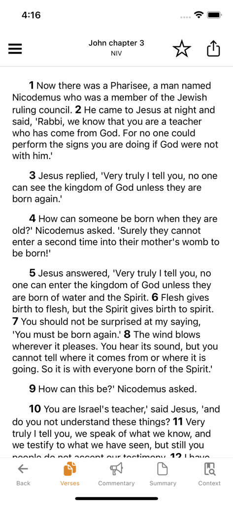 BibleRef mobile app showing John chapter 3 verses in the NIV translation