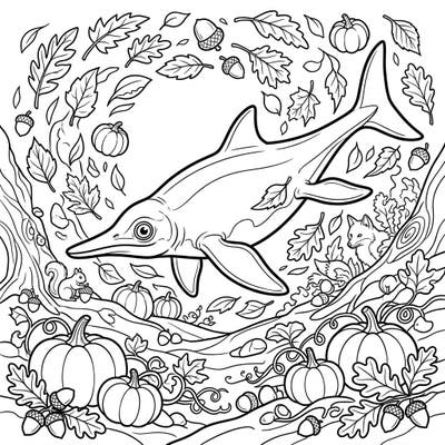 Embark on a creative adventure with this one-of-a-kind Nannopterygius coloring page, artfully set amidst the rich tapestry of an autumn scene. Experience the charm of fall, complete with falling leaves and harvest delights, alongside a fascinating prehistoric marine creature.
