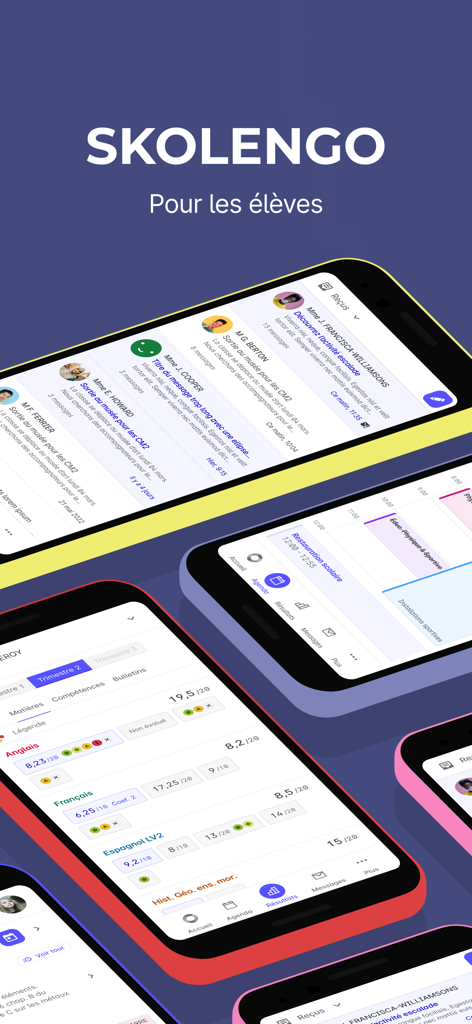 Skolengo - Écrans de l'application mobile Skolengo affichant les notes des élèves, les emplois du temps des classes et les messages de l'école