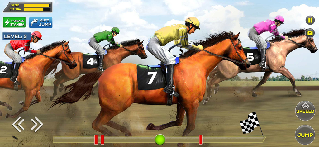 Una carrera competitiva en un juego de simulación deportiva para móviles con jinetes y gráficos realistas de la pista.