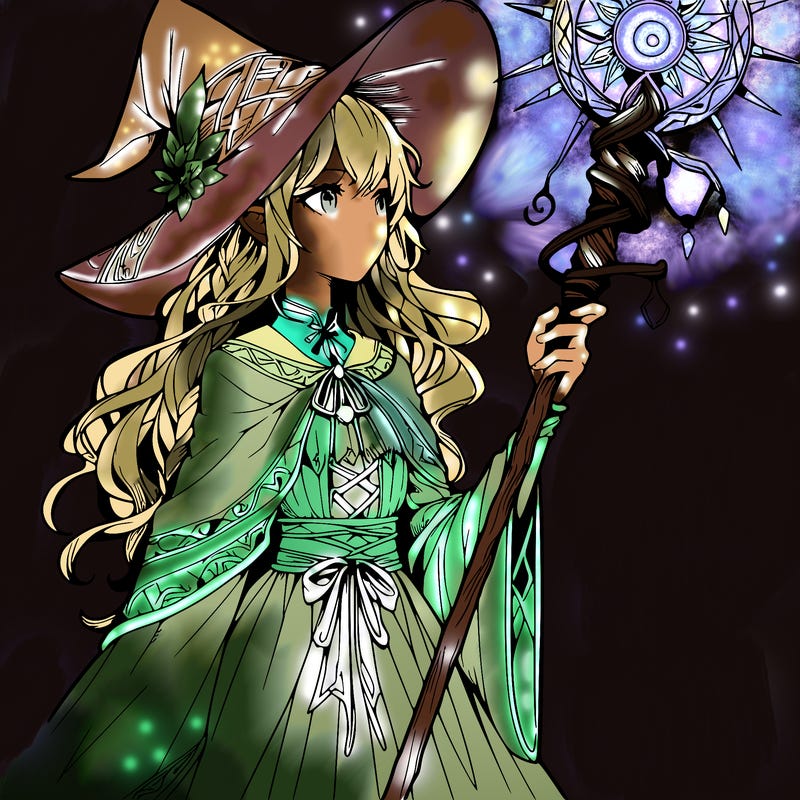 a realistic fantasy manga witch with a staff