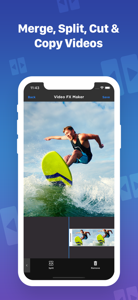 Una interfaz móvil de la app Video FX que muestra funciones de división y fusión de video con un clip de surf.
