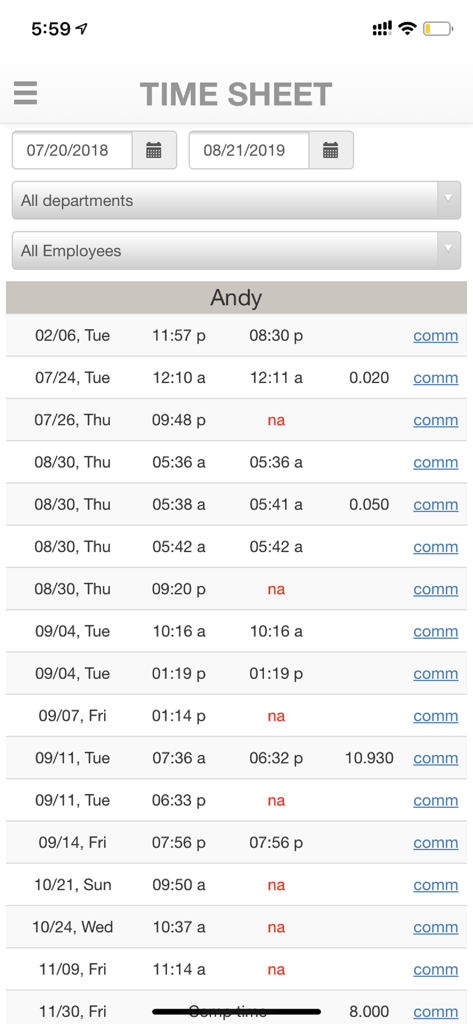 OpenTimeClock - A mobile view of an employee timesheet in OpenTimeClock showing work hours and dates.