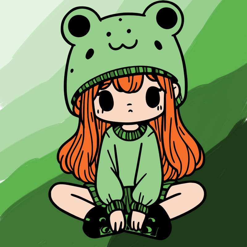 a girl wearing a frog hat and some frog socks