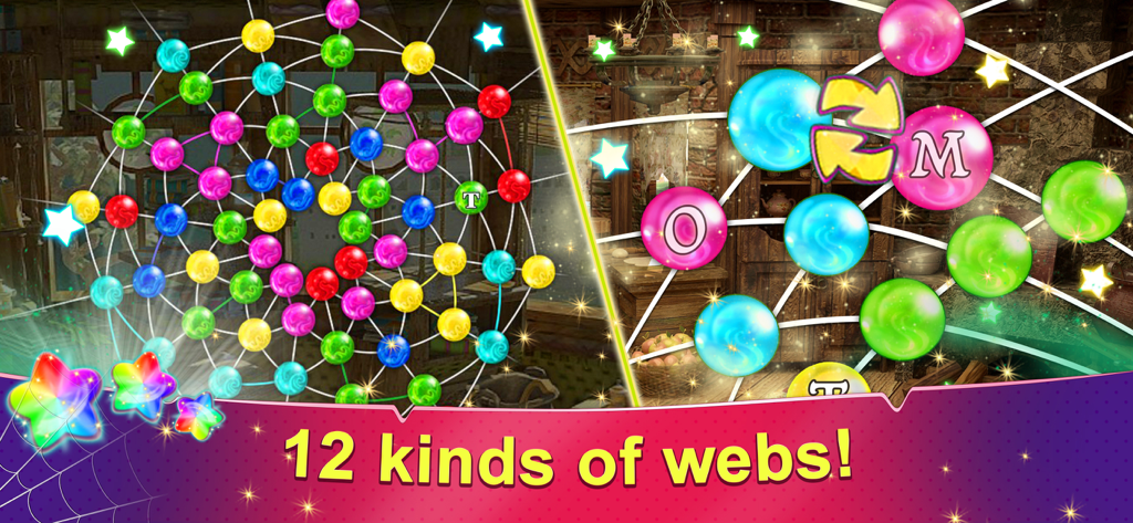 Jugabilidad de Rainbow Web 3 que muestra cuentas de colores en cuadrículas de rompecabezas con forma de telaraña con el texto 12 tipos de telarañas.