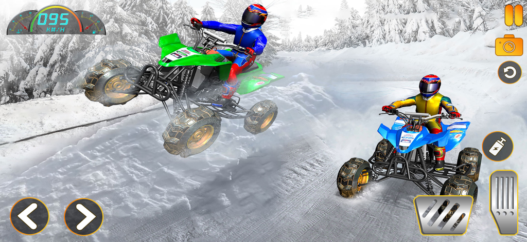 Extreme Snowmobile Racing Rush - Two racers on quad bikes competing on a snowy track in the Extreme Snowmobile Racing Rush mobile game