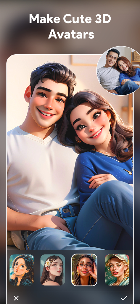 AI Photo Generator - ToonTap - Interfaz de la aplicación ToonTap mostrando un avatar de dibujos animados 3D de una pareja creado a partir de una foto original