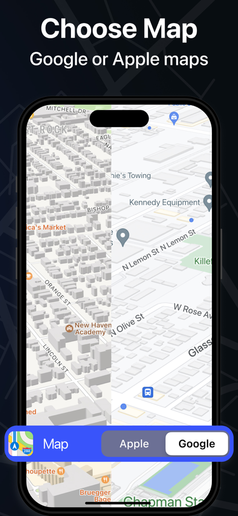 Find my Phone – Family Locator - Interface of the Find my Phone app showing the option to choose between Google or Apple maps for location tracking