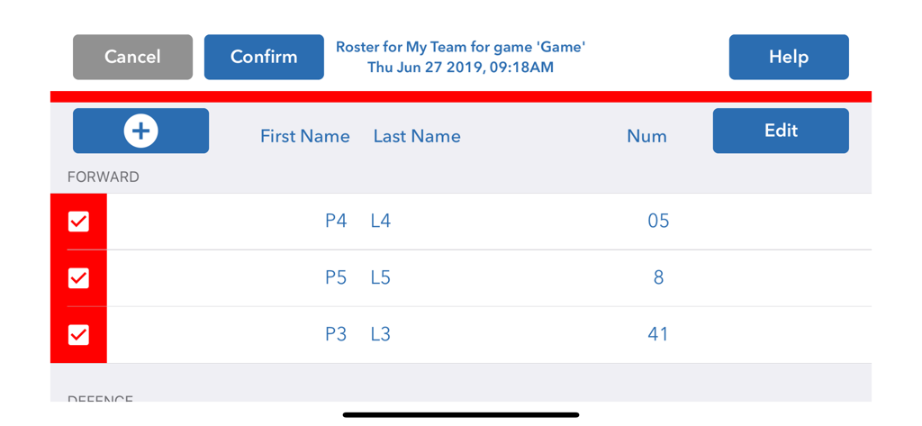 Eishockey-Teamkader-Einrichtungsinterface in der iTrackHockey App, das eine Liste von Spielern und deren Trikotnummern zeigt