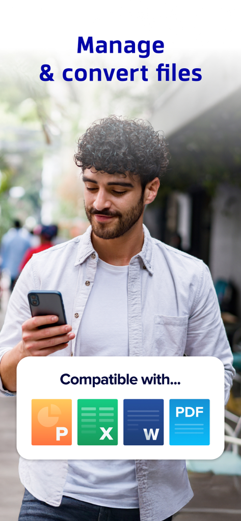 A person using Xodo on a smartphone to manage and convert Word Excel PowerPoint and PDF files