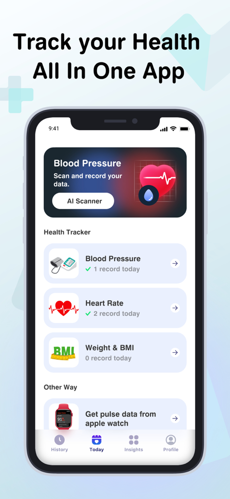 BP Health: Blood Pressure Log - Dashboard of the BP Health app showing tracking sections for blood pressure heart rate weight and BMI with an option to sync Apple Watch data
