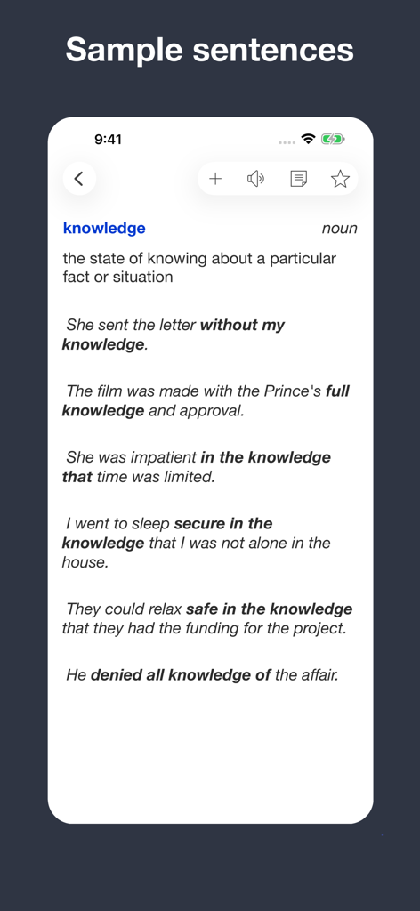 English Meaning Dictionary - Interface of English Meaning Dictionary app showing definition and sample sentences for the word knowledge