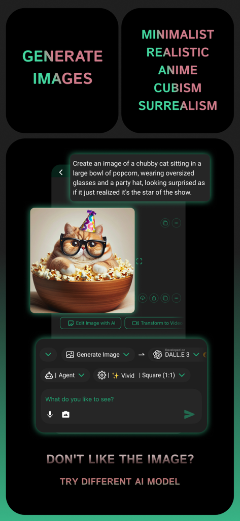 Clever AI Hub - Pro AI Agents - User interface showing AI image generation of a cat in popcorn with options for different artistic styles and models like DALL-E 3.