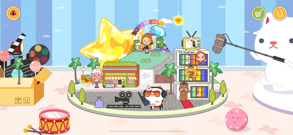 Miga Town : Game & TV Shows - A colorful cartoon TV studio set in Miga Town featuring characters, a camera, and media production equipment.