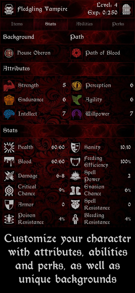 Grim Omens - Old School RPG - Tela de estatísticas e atributos do personagem para um vampiro iniciante em Grim Omens RPG.