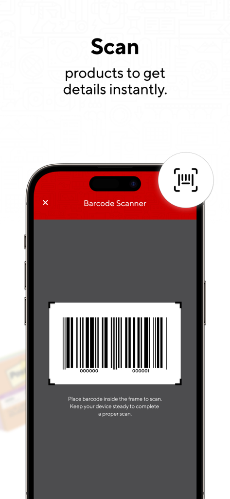 Interfaz del escáner de códigos de barras de la app móvil de Staples para detalles del producto