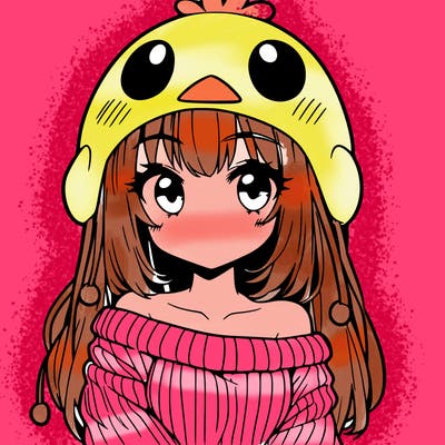 anime girl with chick shaped hat with sweater with bare shoulders with bangs covering them one eye with low tail