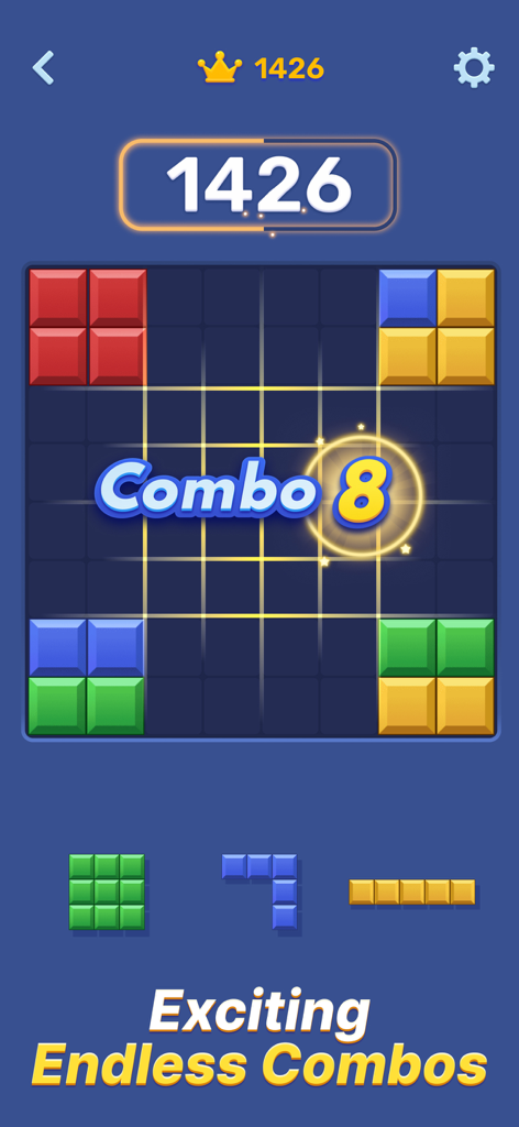 Block-Tok: Puzzle Game - Block-Tok Mobile-Spiel-Screenshot mit bunten Blöcken auf einem Gitter und einer Combo-Anzeige von 8